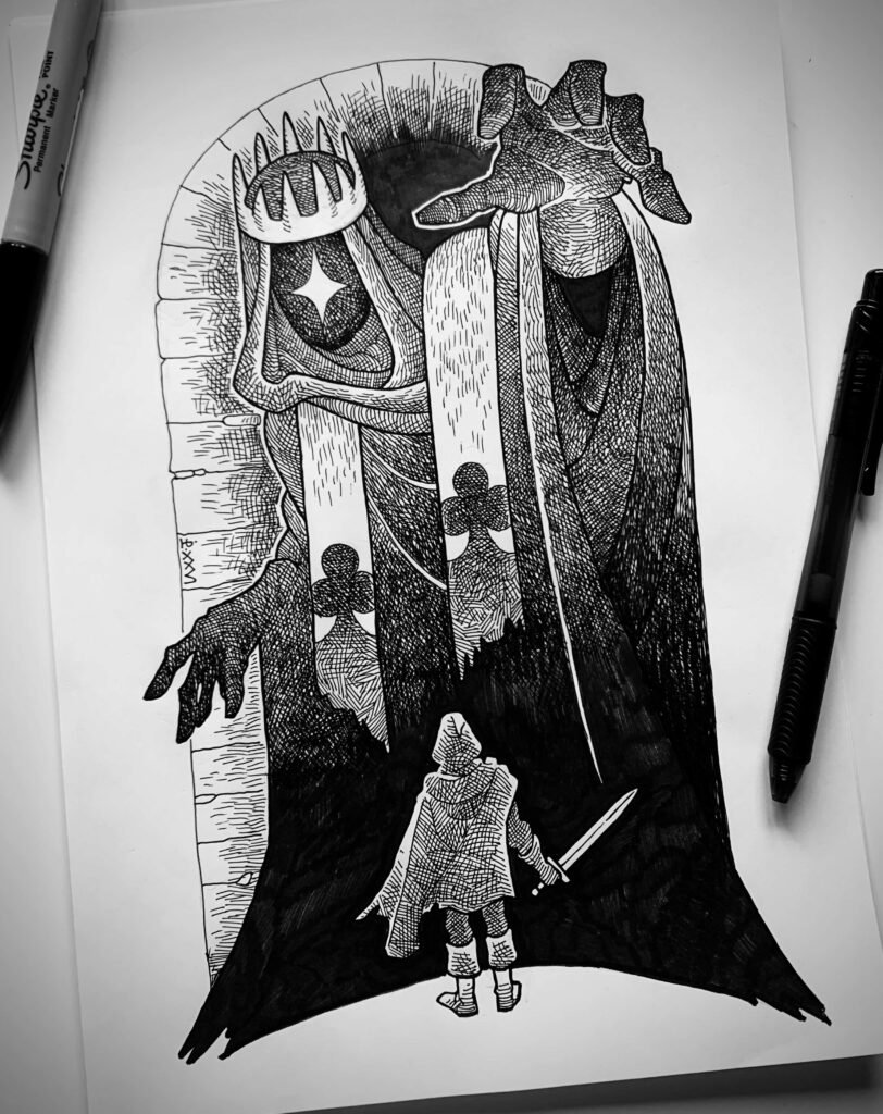 Traditionally hand drawn black and white illustration featuring a lone adventurer standing before a towering crowned and hooded figure made of shadow.