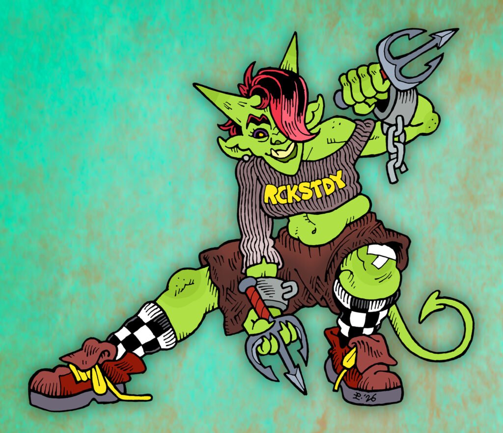 Traditionally hand-drawn, digitally coloured illustration of a ska-punk demon girl. She is green skinned, wearing an off-the-shoulder grey sweater that reads 'RCKSTDY', checkerboard socks and big boots. She has broken chain manacles on both wrists and is wielding a pair of trident-shaped sai.