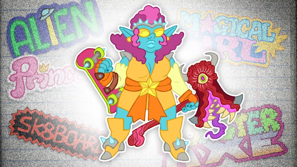 A cartoon-style illustration of an alien magical girl princess, wielding a skateboard shield and a monstrous axe. 