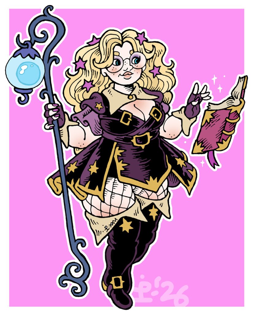 A plus size magical girl wizard. She has long wavy blond hair with star shaped hair clips. She's wearing round glasses, a dark purple and gold dress with a "boob window", fishnet stockings and thigh-high boots. She is holding a staff and a spell book floats in the air in front of her.