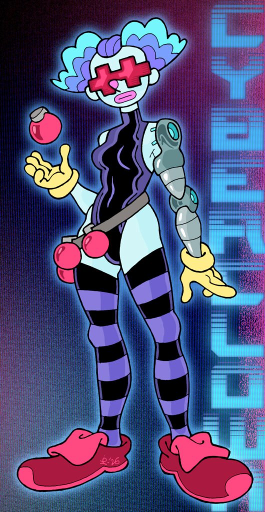 Illustration of a cyborg clown, with pale blue skin, purple-teal hair and a robotic left arm. She is wearing a dark chromed leotard, yellow gloves, striped thigh-high leggings, large clown shoes and cross-shaped orange sun-glasses. She has a belt with several red spherical bombs attached to it - she is casually juggling one in her right hand.