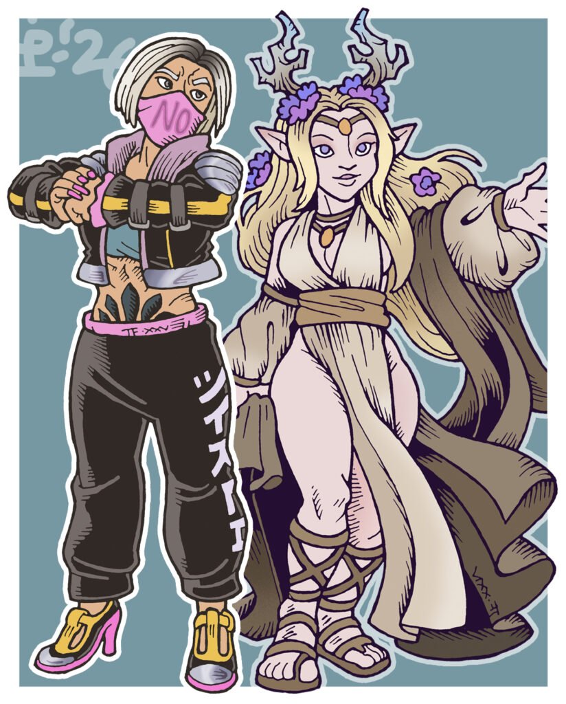 A masked cyberpunk fighter stands in a defiant pose, while an antlered elf druid casts a spell behind her.