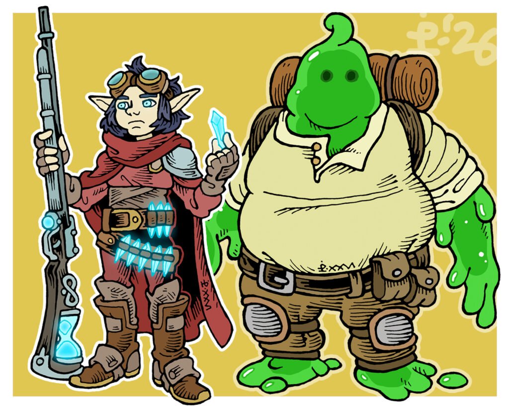 A halfling gun-make with a glowing arcane rifle and crystal shard bullets stands beside an anthropomorphic green slime in simple adventurer's gear.