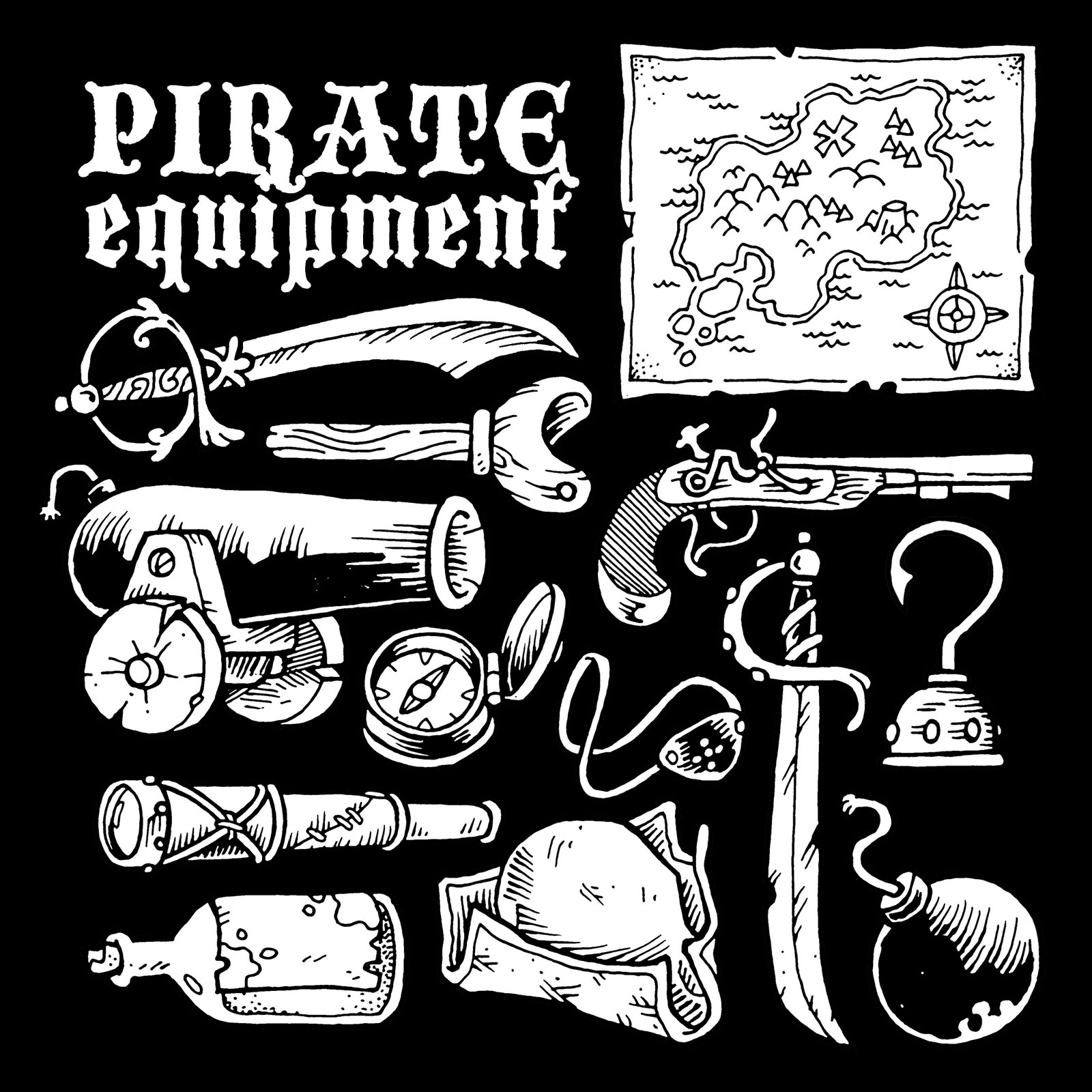 A showcase of some of the pirate equipment art assets: all traditionally hand drawn and black and white. They include a treasure map, a spyglass, a cannon, a hook and a cutlass.
