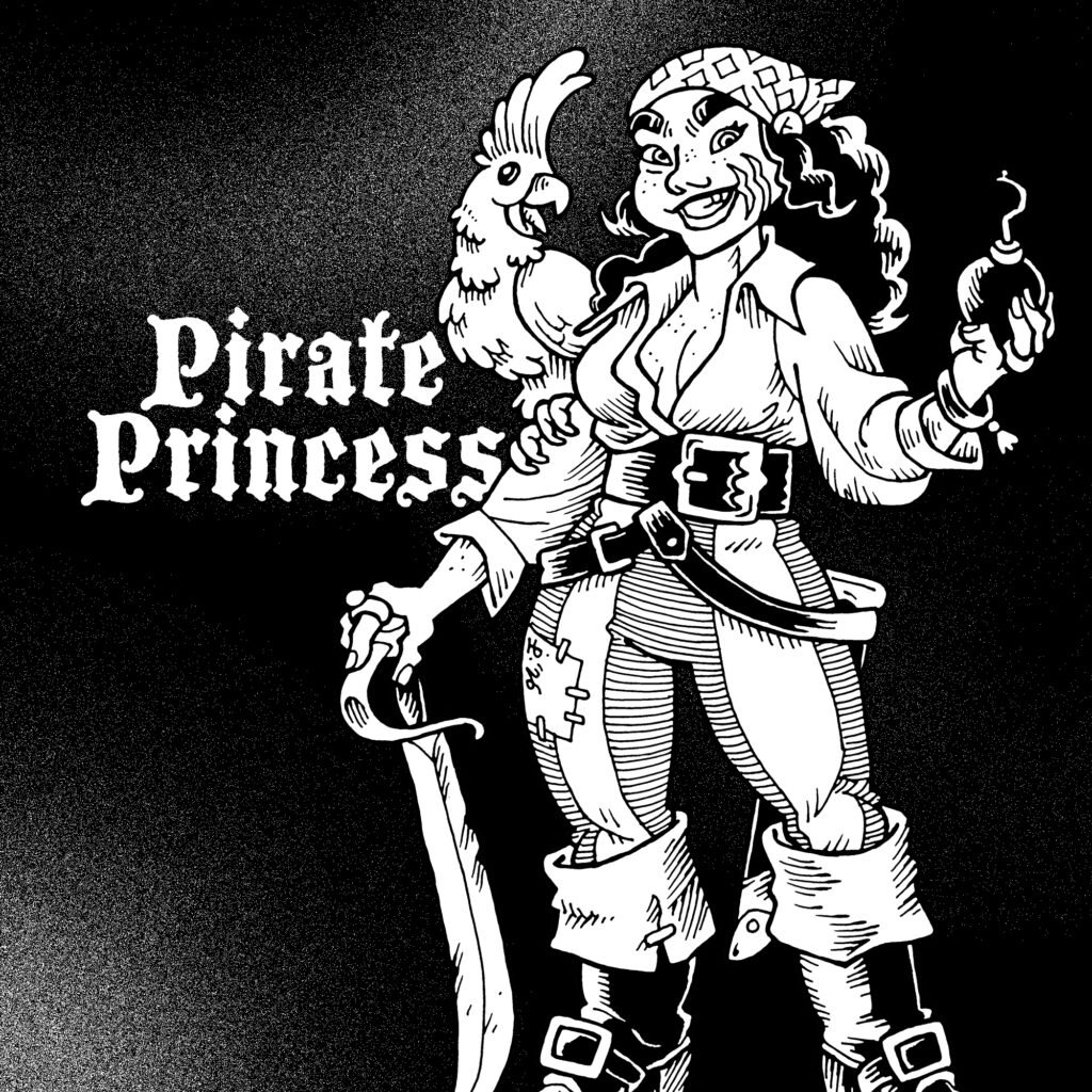 Traditionally hand-drawn black and white illustration of a lady pirate, leaning on a cutlass and holding a small bomb. A cockatoo is perched on her arm.