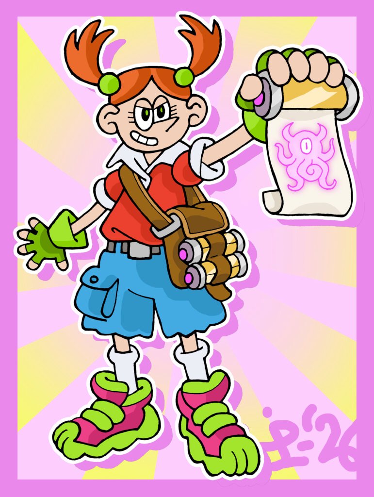 concept art for a creature capture anime inspired cartoon protagonist. A young girl with horn-shaped ginger hair, wearing brightly coloured t-shirt, shorts, fingerless gloves and chunky trainers. She has a satchel containing metallic cylinders that resemble scrolls. She he is holding one up, that is partly unfurled, reveling a glowing etching of an eldritch monster.