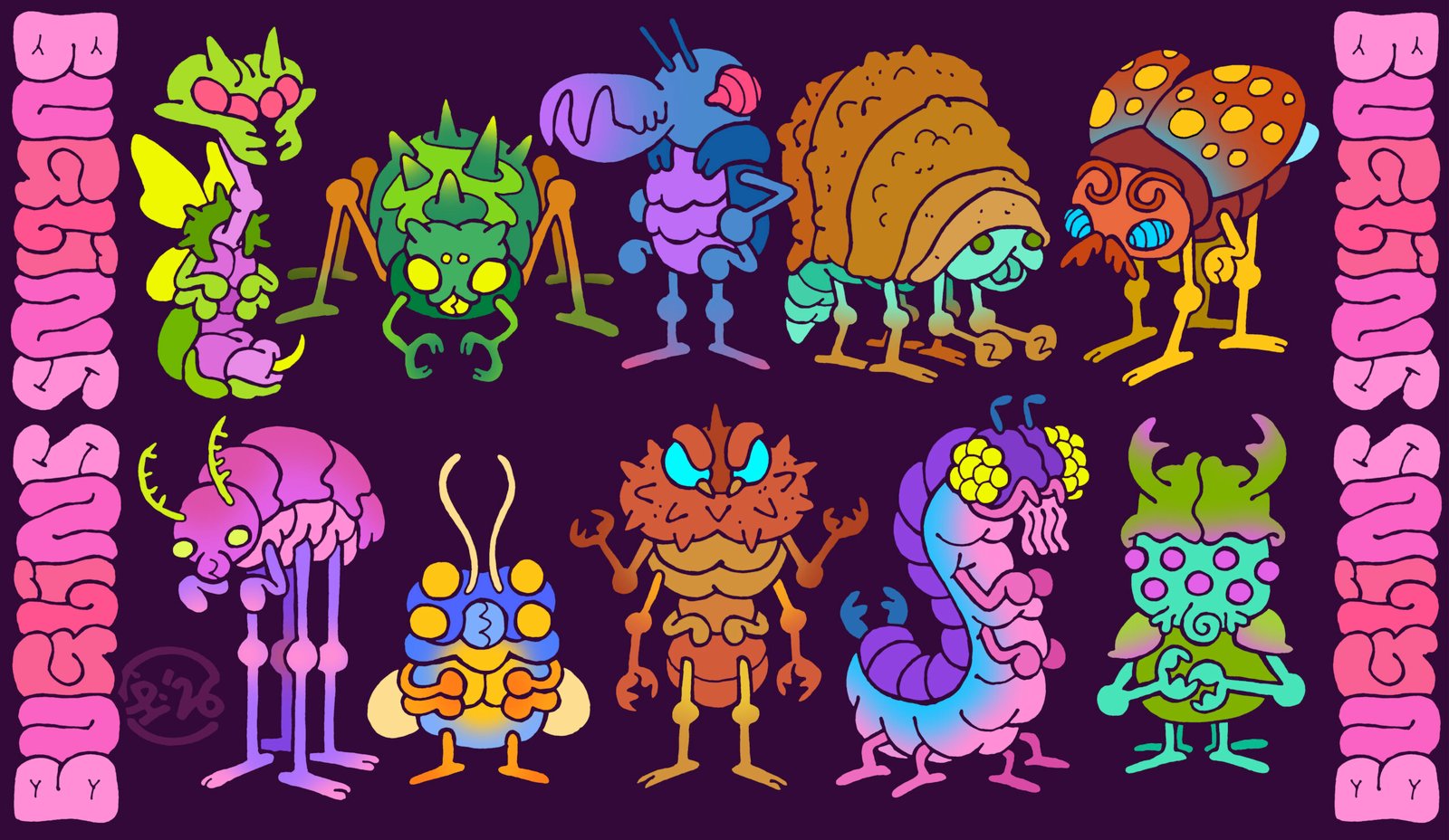 A collection of traditionally hand-drawn, digitally coloured insectoid alien characters, all brightly coloured and baring a variety of features and appendages.