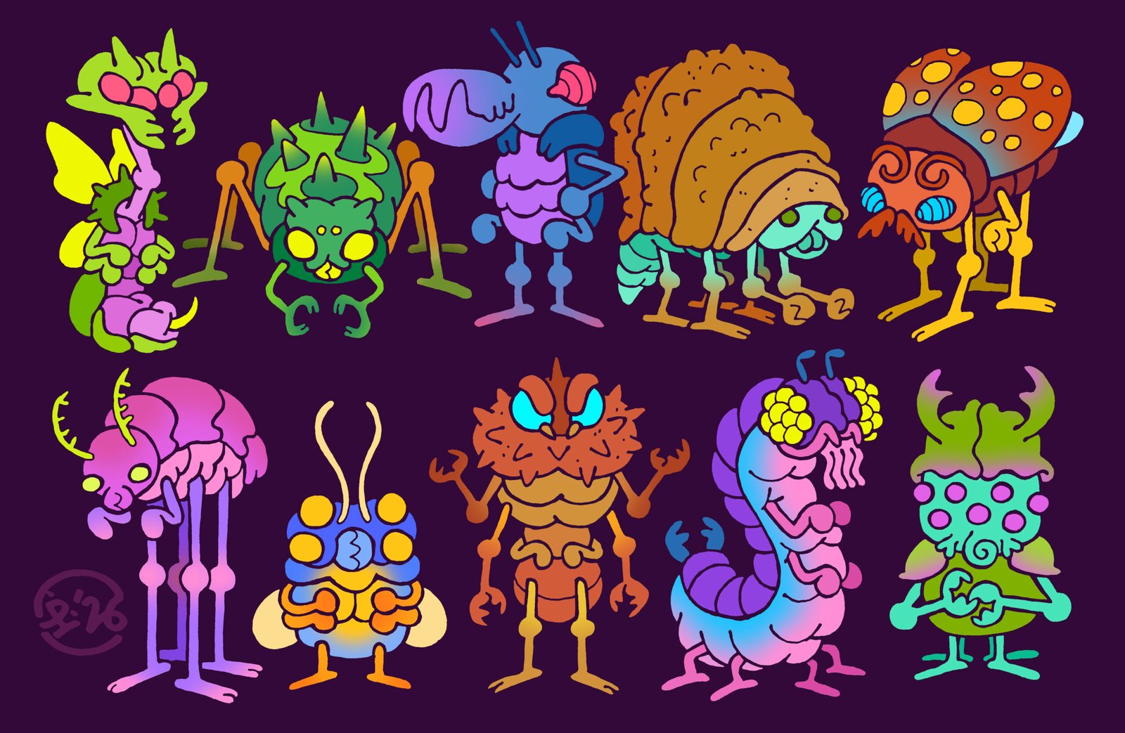 A collection of traditionally hand-drawn, digitally coloured insectoid alien characters, all brightly coloured and baring a variety of features and appendages.