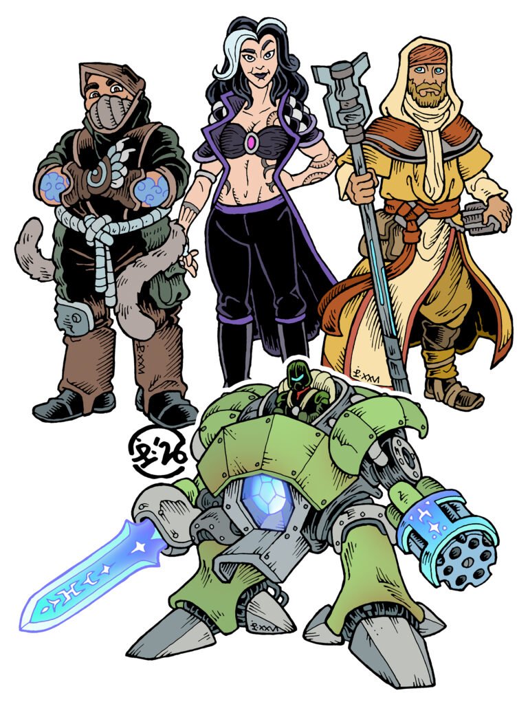 Four Patreon character commissions. A cat-tailed mech pilot, a tattooed sorceress, a robed sci-fantasy mage and a magitech mech, equipped with arcane sword and gatling gun.