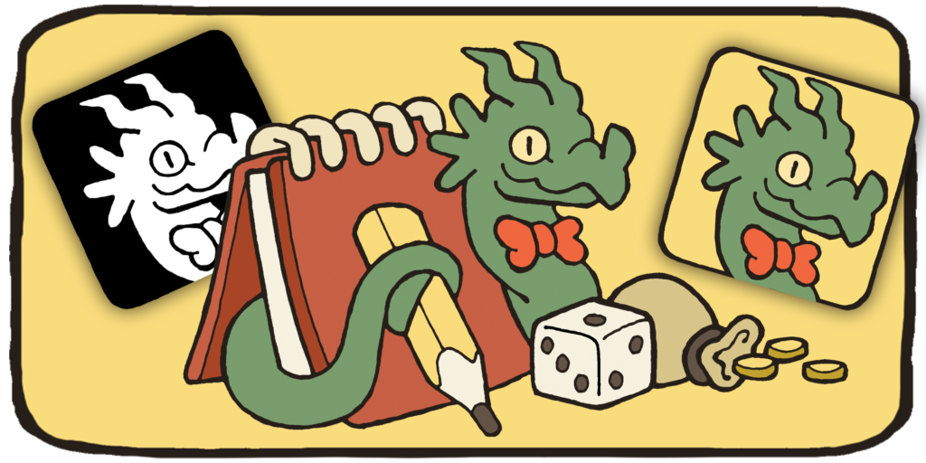 Cartoon style logo of a green dragon wearing a red bowtie and slithering out from underneath a red spiral-bound notebook. They are holding a pencil with their tail, and a six-sided die and pouch of gold coins lie in front of them.