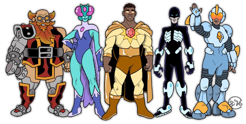 Group line-up of the superhero team, the Protectors.