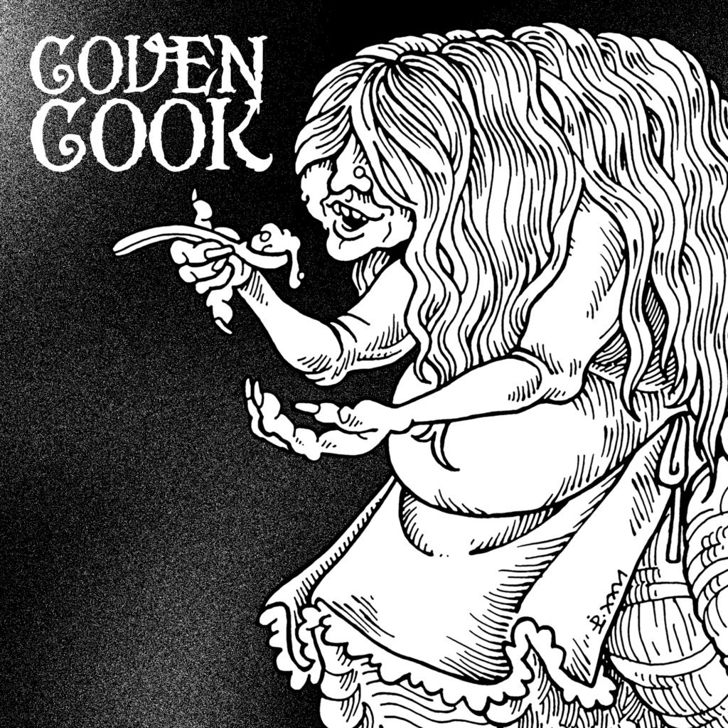 Traditional black and white illustration of the coven cook. A long-haired old crone with a snail-like lower body, wearing an apron and holding up a spoonful of stew.
