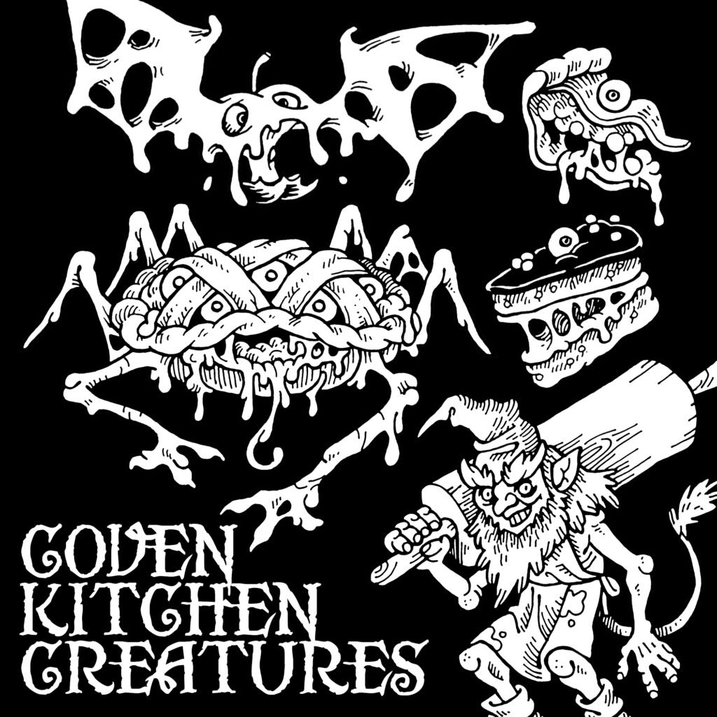 Traditional black and white illustration of various enchanted baked goods: these include a spider-legged pie, a bat-winged caramel apple and some snapping cake slices. A kobold grins evilly, while wielding a rolling pin.