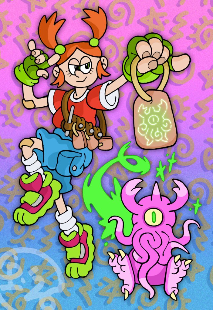 A young girl with spiky ginger hair, wearing a brightly coloured t-shirt, shorts and chunky trainers poses next to her summoned Etchling companion. The Etchling - which resembles a baby Cthulhu - is erupting from a clay tablet the girl is holding. She has a bandolier of similar tablets strung across her chest. The background is a classic neon 90s pattern of occult symbols.