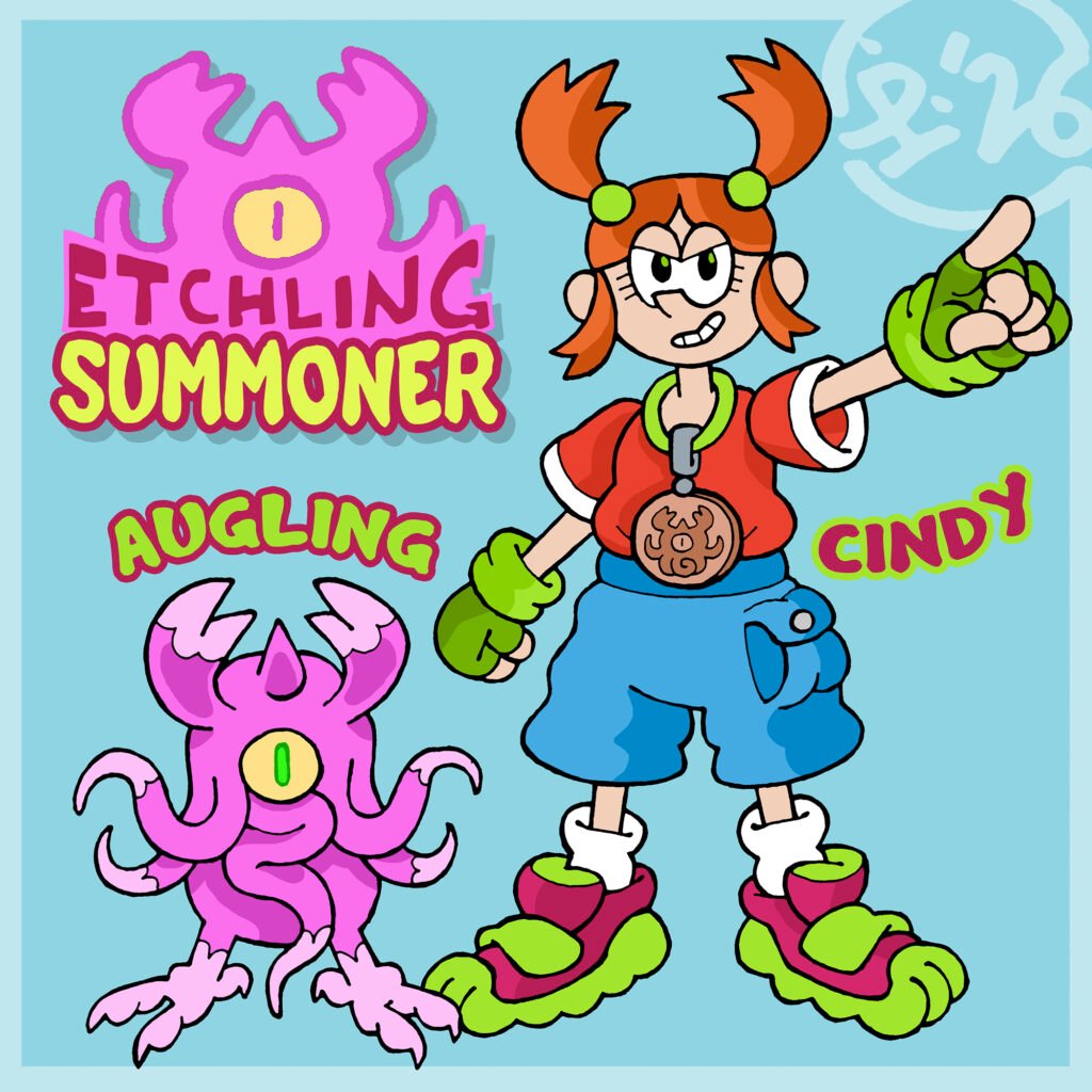 A revised design of the Etchling summoner girl character and her creature. The clay tablet is now larger and circular in shape. Text beside the two characters reads "Etchling Summoner". The Etchling is labelled "Augling", and the girl "Cindy".