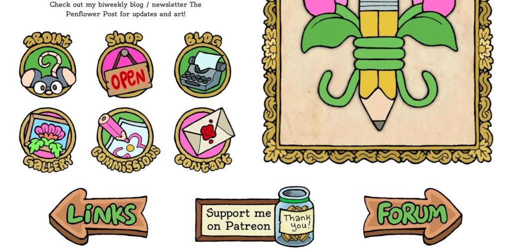 screenshot of my website's newly revamped homepage, with illustrated navigation buttons.