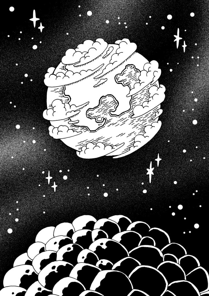 The planet of Bugworld, seen from the surface of ths orbiting Fruit-Moon.