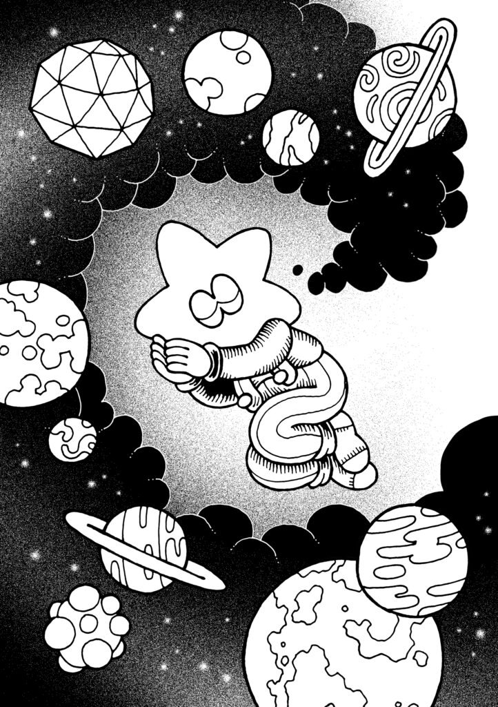 The Star-Headed Toddler-God, dreaming up a universe of strange worlds and planets.