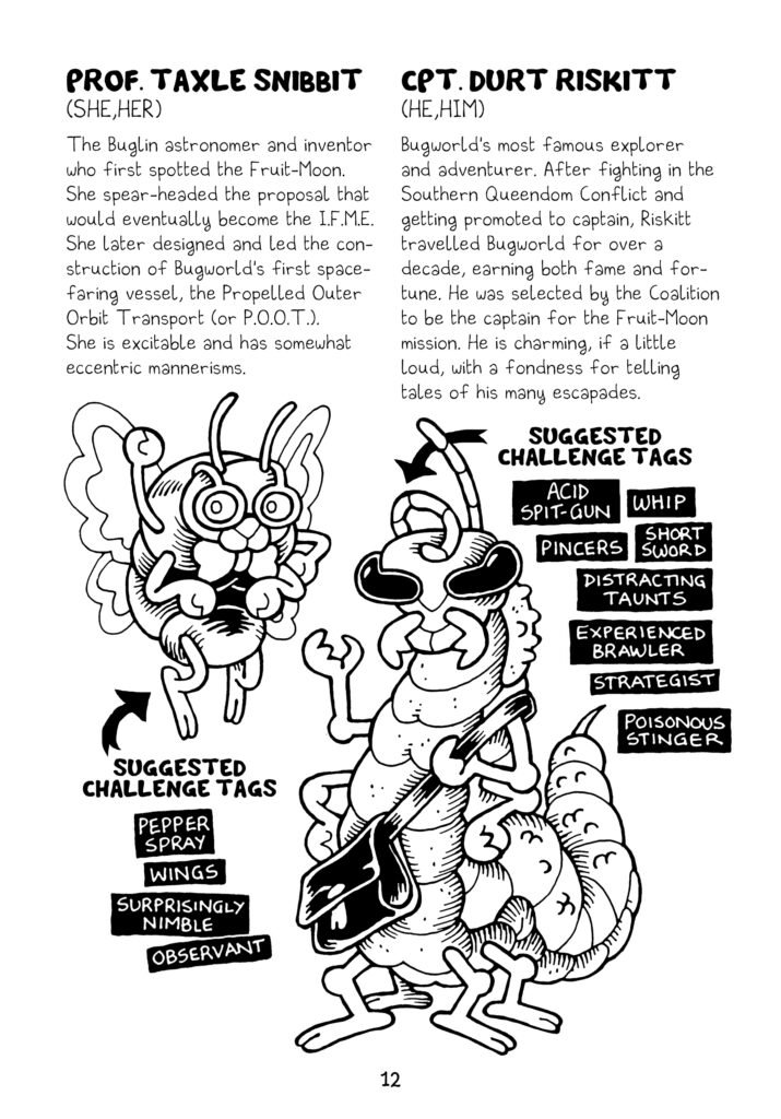 A sample page from my first Alboverse setting. The page includes text in a font based on my own hand-writing, along with two Buglin NPC illustrations, all in black & white.
