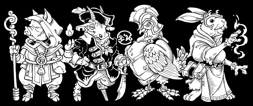 Four fantasy adventurer animal characters, traditionally hand-drawn in black & white. From left to right: a pig priest, a goat pirate, a hen warrior and a hare mage.