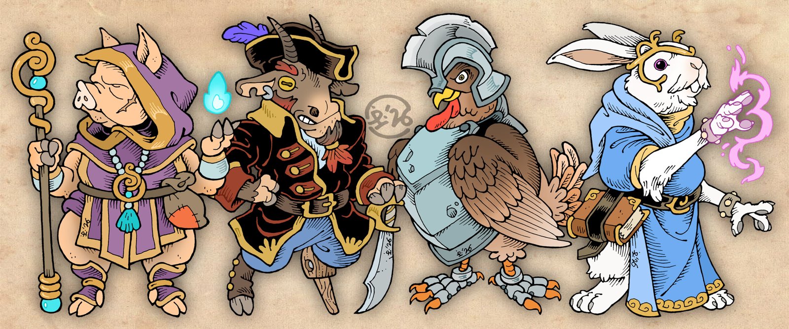 Four fantasy adventurer animal characters, traditionally hand-drawn and digitally coloured. From left to right: a pig priest, a goat pirate, a hen warrior and a hare mage.
