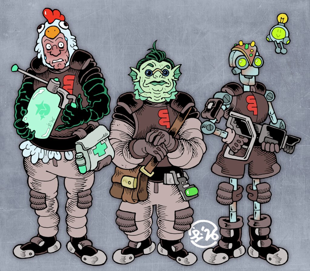 Traditionally hand-drawn, digitally coloured trio of sci-fi characters. All three are wearing muted brown corporate branded space suits. From left to right: a tall, sweaty human man wearing a chicken costume under his space suit, elbow-long rubber gloves, and carrying a huge spray bottle of sanitiser. A blue-skinned humanoid with fish-like gills and facial features. An android carrying a laser rifle and accompanied by a friendly drone.