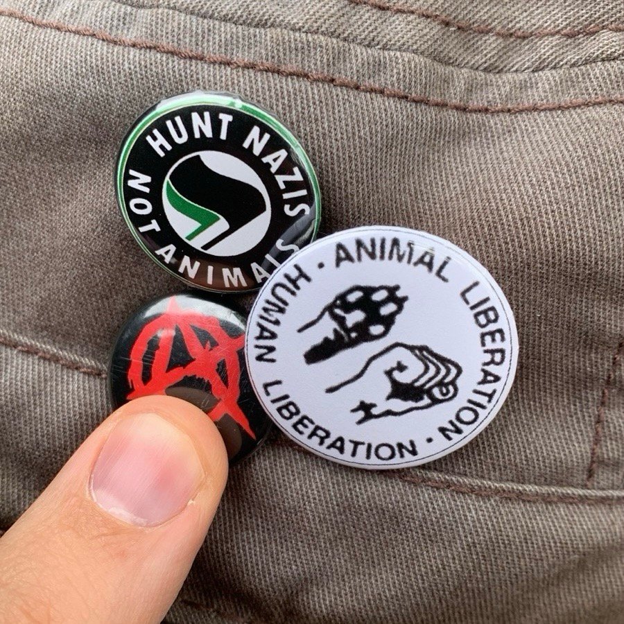 Two new button pins added to my hat, alongside a very old anarchism one. One pin features a black and green flag, with the text: "Hunt nazis not animals". The other shows a human clenched fist and an animal paw raised in unions, with the text "Animal liberation, Human liberation".