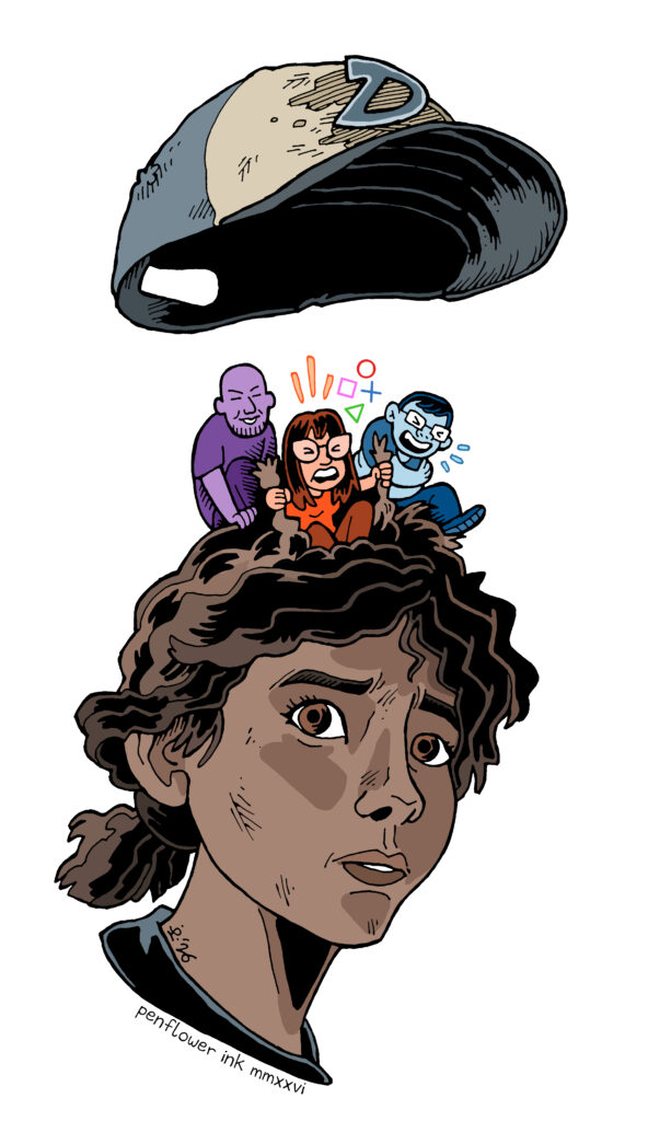 Traditionally hand-drawn , digitally coloured illustration. Clementine from the Walking Dead videogame series, with her iconic hat raised up into the air, revealing three stylised figures sitting in her hair, with one piloting her, Ratatouille-style.