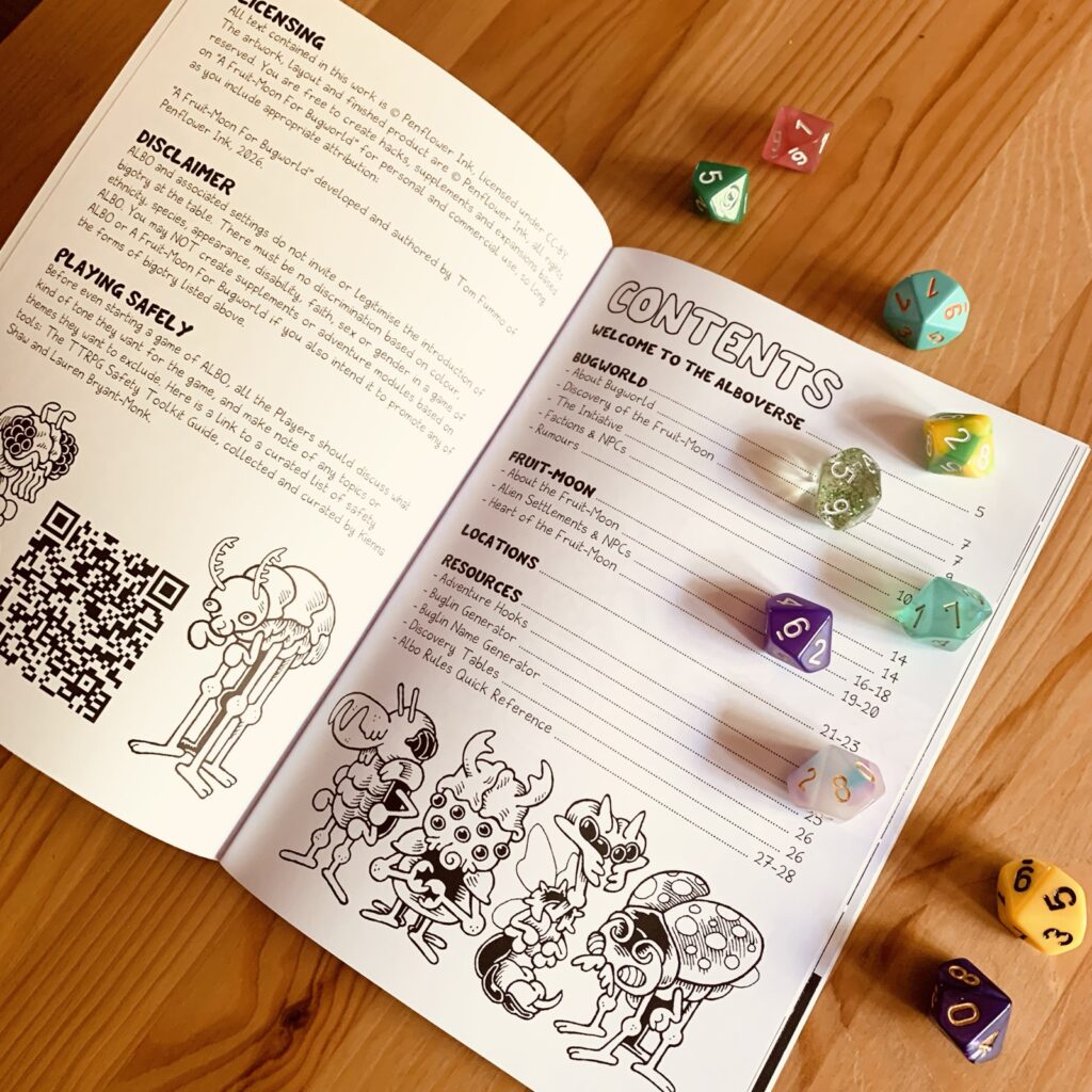 Photo of the interior pages of the print version: black and white traditionally illustrated, decorated with multi-coloured d10s.