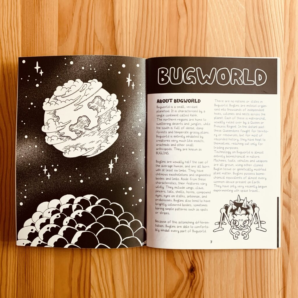 Photo of the interior pages of the print version: black and white traditionally illustrated, depicting Bugworld viewed from the surface of the Fruit-Moon.