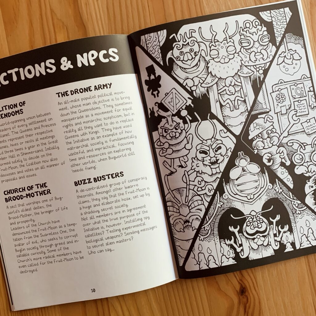 Photo of the interior pages of the print version: black and white traditionally illustrated, depicting the various factions on Bugworld.