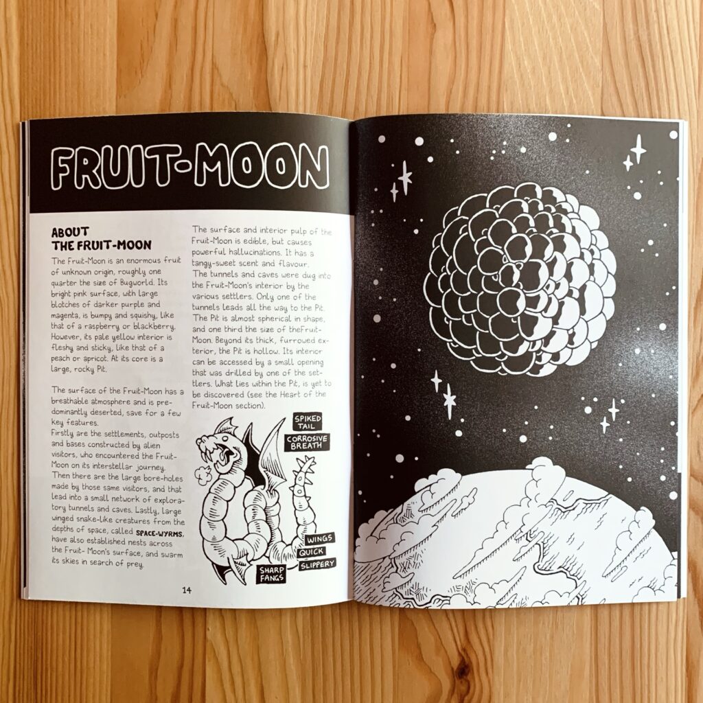 Photo of the interior pages of the print version: black and white traditionally illustrated, depicting the Fruit-Moon viewed from the surface of Bugworld.