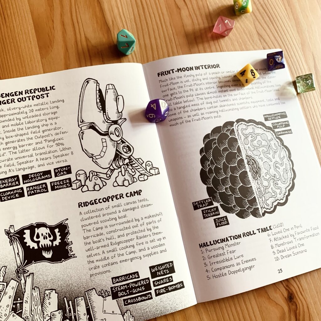 Photo of the interior pages of the print version: black and white traditionally illustrated, depicting various key locations of the setting.