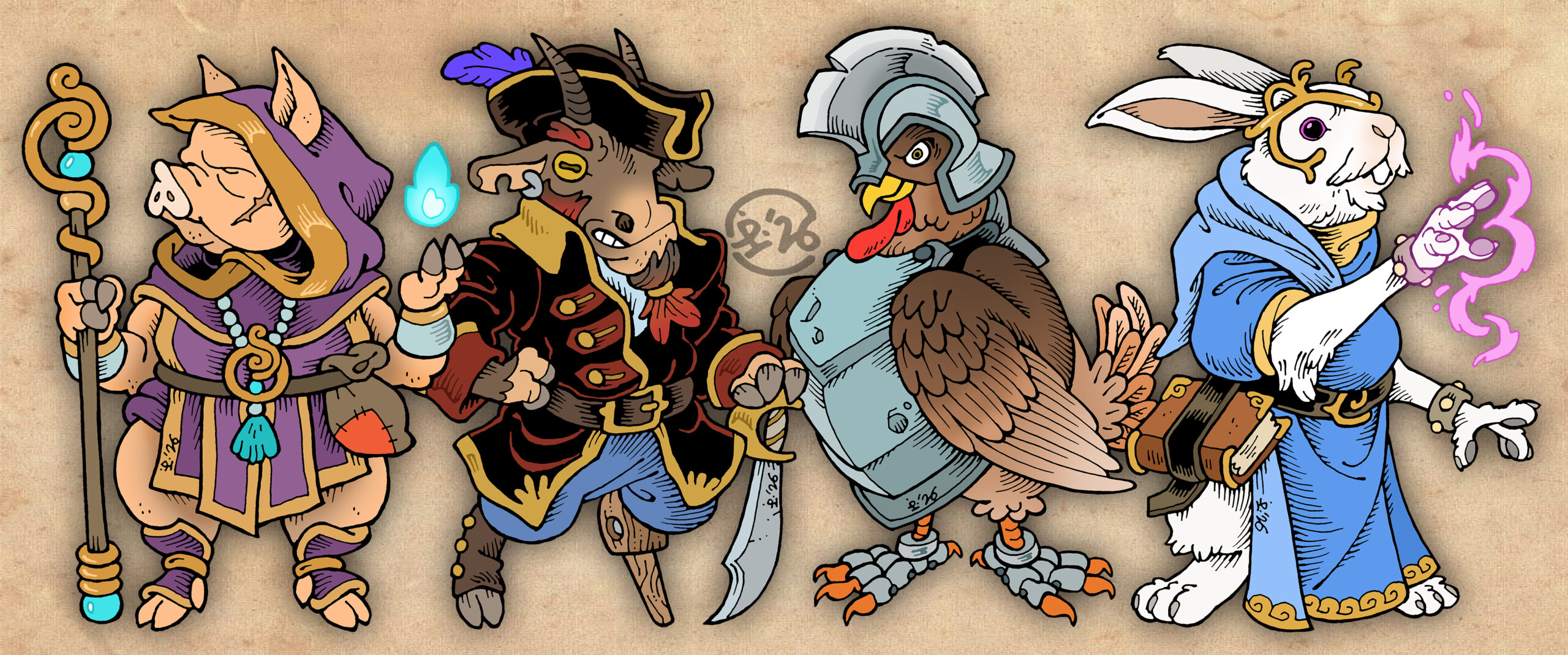 Four fantasy adventurer animal characters, traditionally hand-drawn and digitally coloured. From left to right: a pig priest, a goat pirate, a hen warrior and a hare mage.