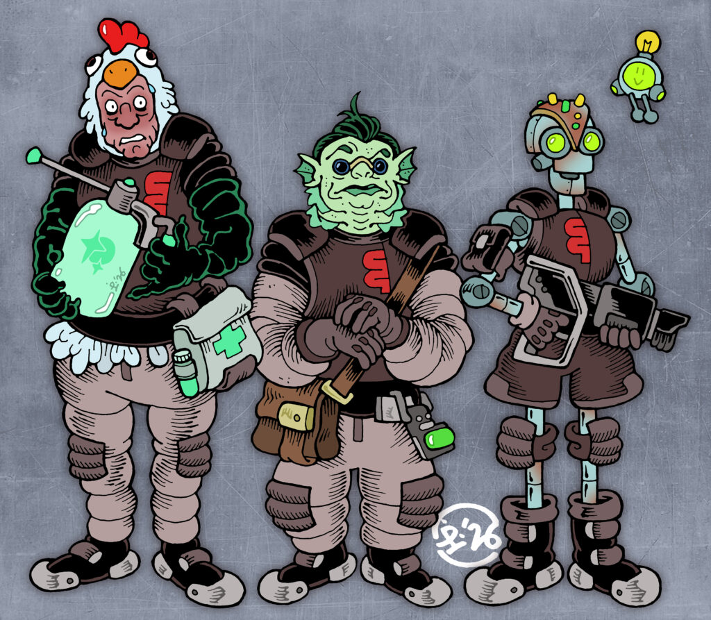 Traditionally hand-drawn, digitally coloured trio of sci-fi characters. All three are wearing muted brown corporate branded space suits. From left to right: a tall, sweaty human man wearing a chicken costume under his space suit, elbow-long rubber gloves, and carrying a huge spray bottle of sanitiser. A blue-skinned humanoid with fish-like gills and facial features. An android carrying a laser rifle and accompanied by a friendly drone.