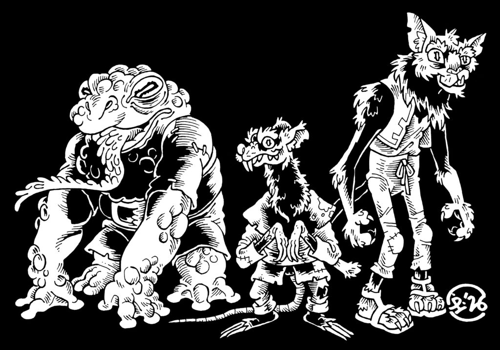 Composite image of three black and white character concept illustrations. All anthropomorphic, slightly monstrous versions of witch familiars, wearing ragged medieval fantasy clothing. From left to right: a muscular toad, a scrawny rat and a gangly cat.
