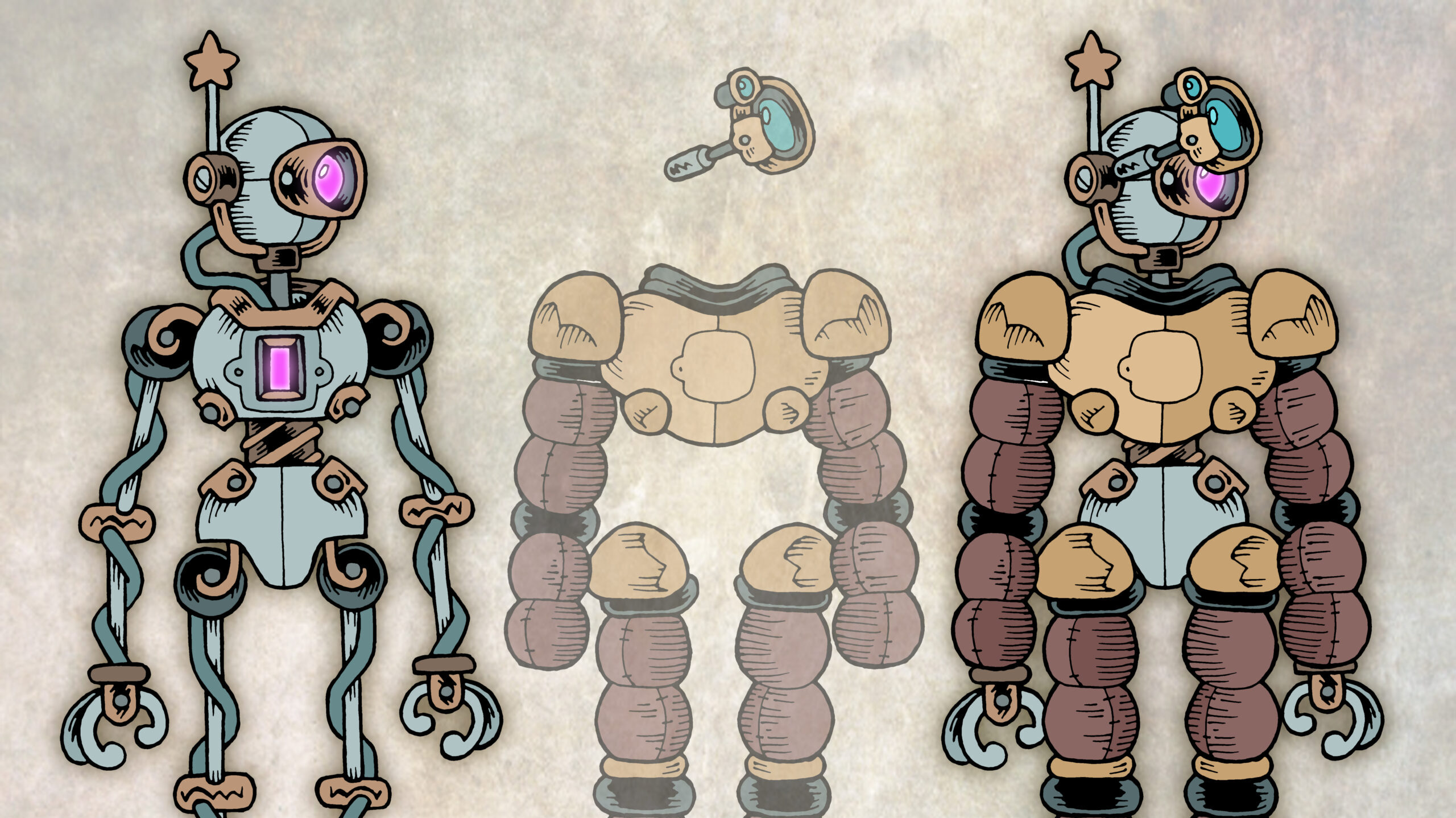 Composite image. Traditionally hand-drawn, digitally coloured illustrations of a humanoid, magitech robot, with a single camera lens eye, star-tipped antenna and glowing pink crystal battery in their chest cavity. To the right is the same robot, but equipped with chunky padded armour and an extra visor attachment on their head that can flip down over their eye.