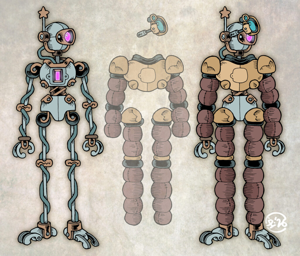 Composite image. Traditionally hand-drawn, digitally coloured illustrations of a humanoid, magitech robot, with a single camera lens eye, star-tipped antenna and glowing pink crystal battery in their chest cavity. To the right is the same robot, but equipped with chunky padded armour and an extra visor attachment on their head that can flip down over their eye.