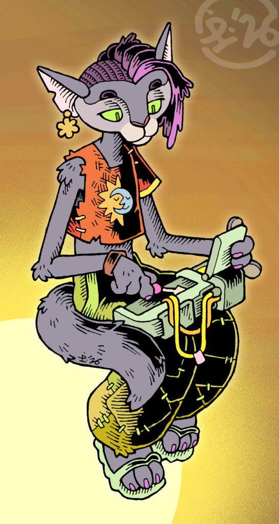 Illustration of an anthropomorphic cat-girl, wearing patched together clothes. She has dyed purple hair, flower-shaped ear-rings and pink painted claws. She is sitting on a glowing golden orb and tinkering with a piece of futuristic tech.
