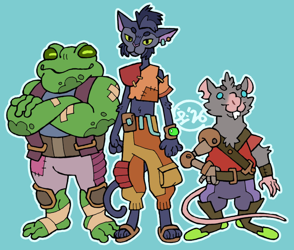 Traditionally hand-drawn, digitally coloured illustration of three anthropomorphic animal characters. From left to right: a muscular toad, a lithe cat and a scrappy rat. All three are dressed in post-apocalyptic, patchwork clothes.