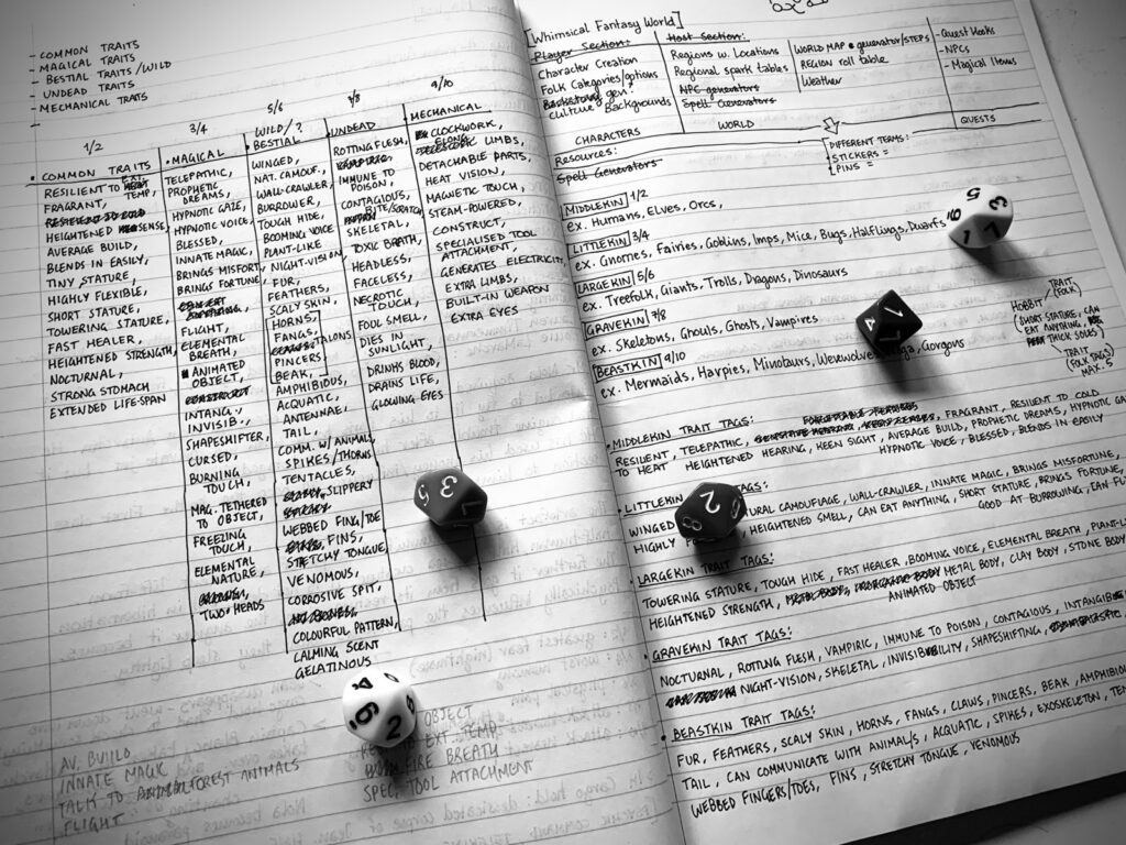 black and white photo of a line notebook covered in hand written lists and roll tables.