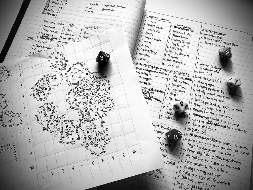 black and white photo of a line notebook featuring roll tables, lists and a roughly sketched world map on a 10x10 square grid.