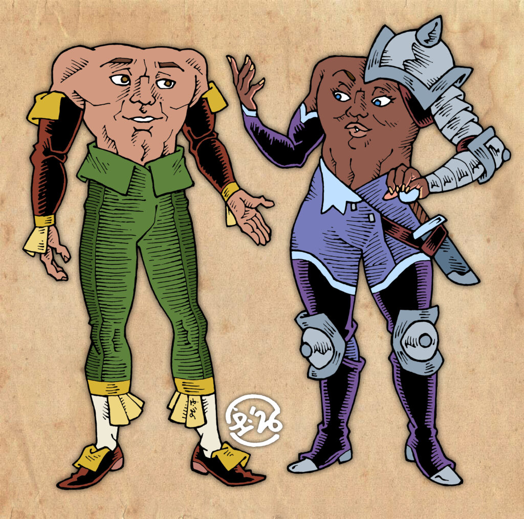 Two headless humanoids, both with facial features located on their chests. The left is vaguely male-presenting and light-skinned, wearing fancy trousers, shoes and sleeves. The right is vaguely femenine-presenting and dark skinned, wearing light-plate armour and carrying a dagger.