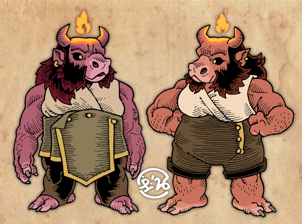 Two traditionally hand-drawn humanoids, both with horned bovine heads, short stocky bodies, three-fingered hands and feet, and magical flames floating above their heads. The right is vaguely male presenting and wearing a skirt over open-toed leggings. The left is vaguely femenine presenting and wearing a vest and a pair of shorts.