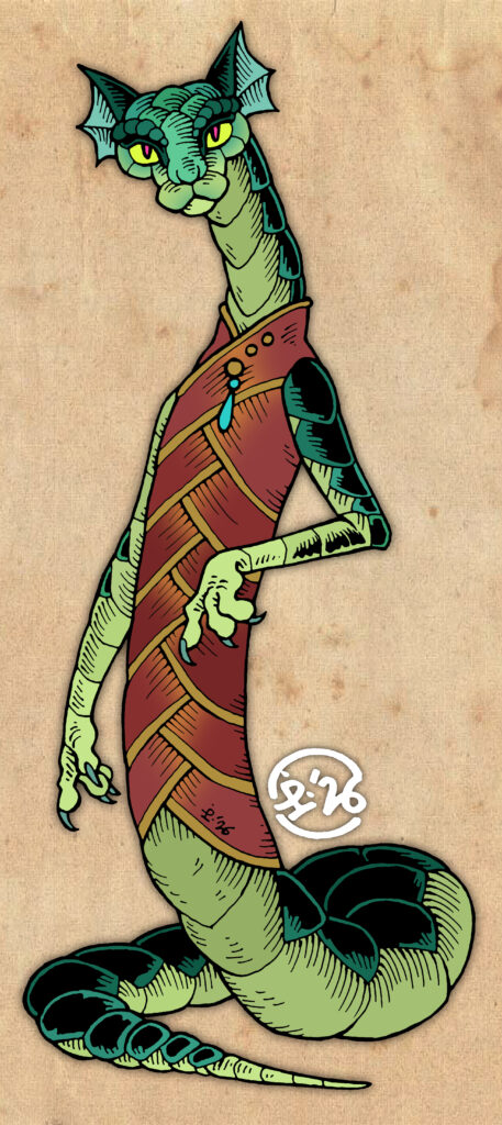 Traditionally hand-drawn illustration of a cat-faced snake-bodied reptilian creature, with two long thing arms. They are covered in blueish-green scales and wearing an elegant red wrapped tunic with gold trim.