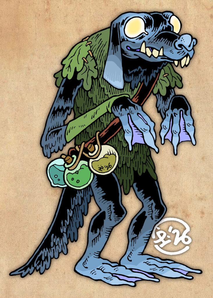 Traditionally hand drawn, digitally coloured illustration of a dog-like humanoid with webbed paws, bulbous glowing eyes, floppy ears and shaggy blue fur. They are wearing a tunic made of leaves and carrying a potion belt.