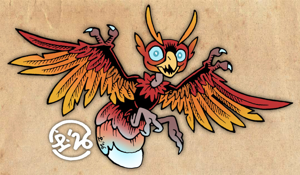 Traditionally hand drawn and digitally coloured illustration of a small bird with a toothy beak, clawed wings and a glowing firefly-like rear end.