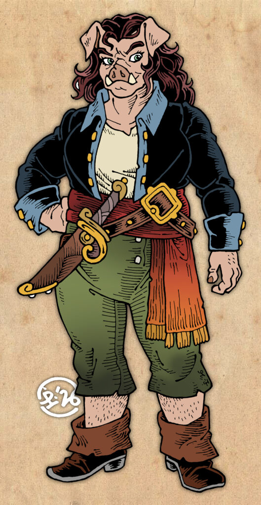 Traditionally hand drawn and digitally coloured illustration of a tall, muscular pirate woman with pig-like features including floppy ears, a snout and tusks.