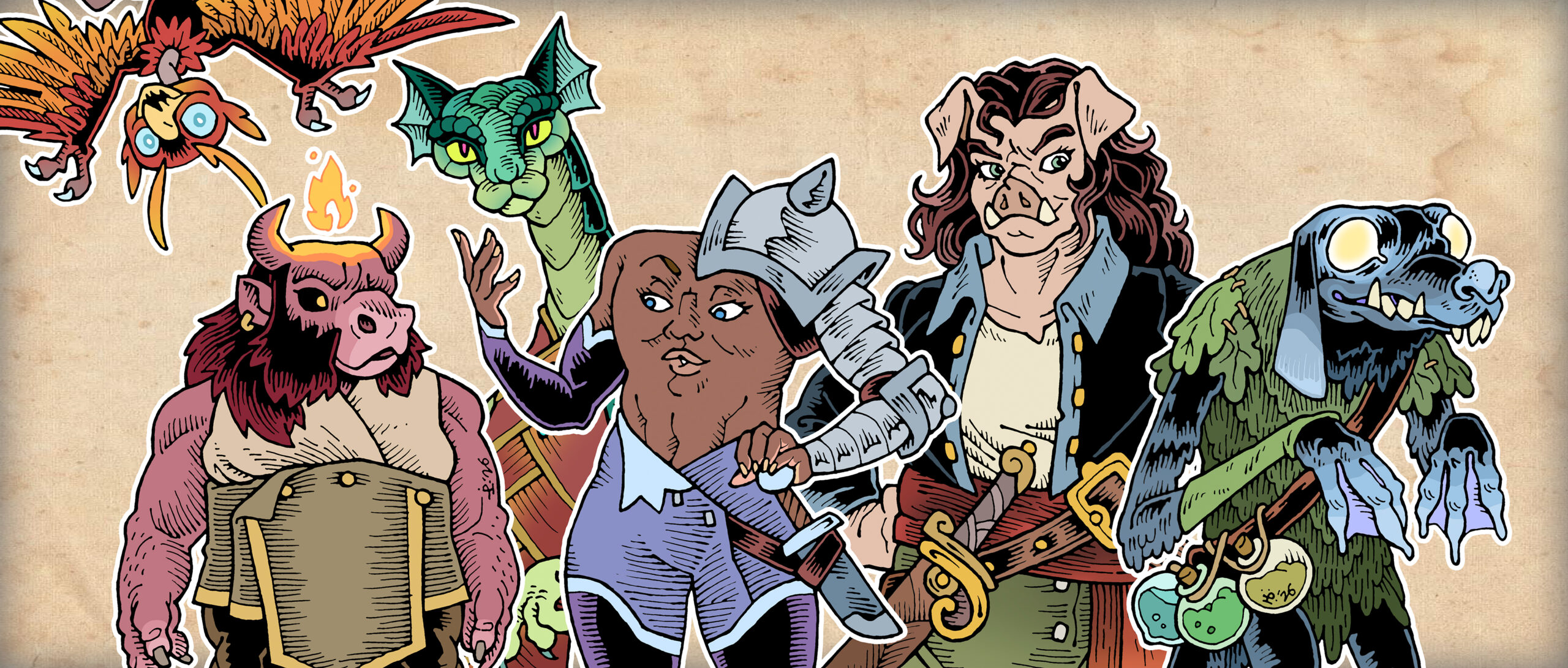 A composite image, featuring six traditionally hand-drawn fantasy folk designs.