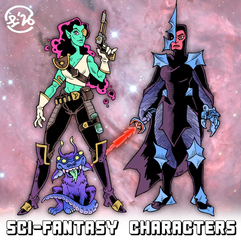 Three sci-fantasy characters, traditionally hand drawn in black and in full colour against a starry space background. A tall alien woman with kirby-crackle hair, in swashbuckling garb and holding a plasma pistol. Sitting in front of her is a small furry dog-like alien creature. To the right is a stern woman wearing spiky armour a half-mask, wielding an energy sword.